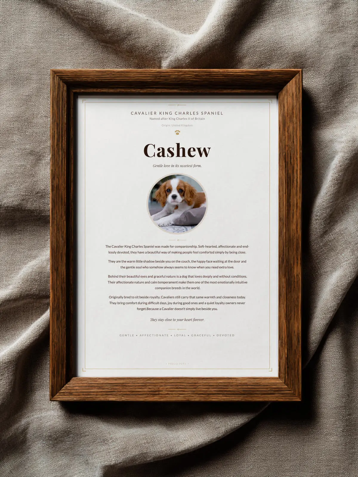 A personalised Proud Pets portrait print in a wooden frame