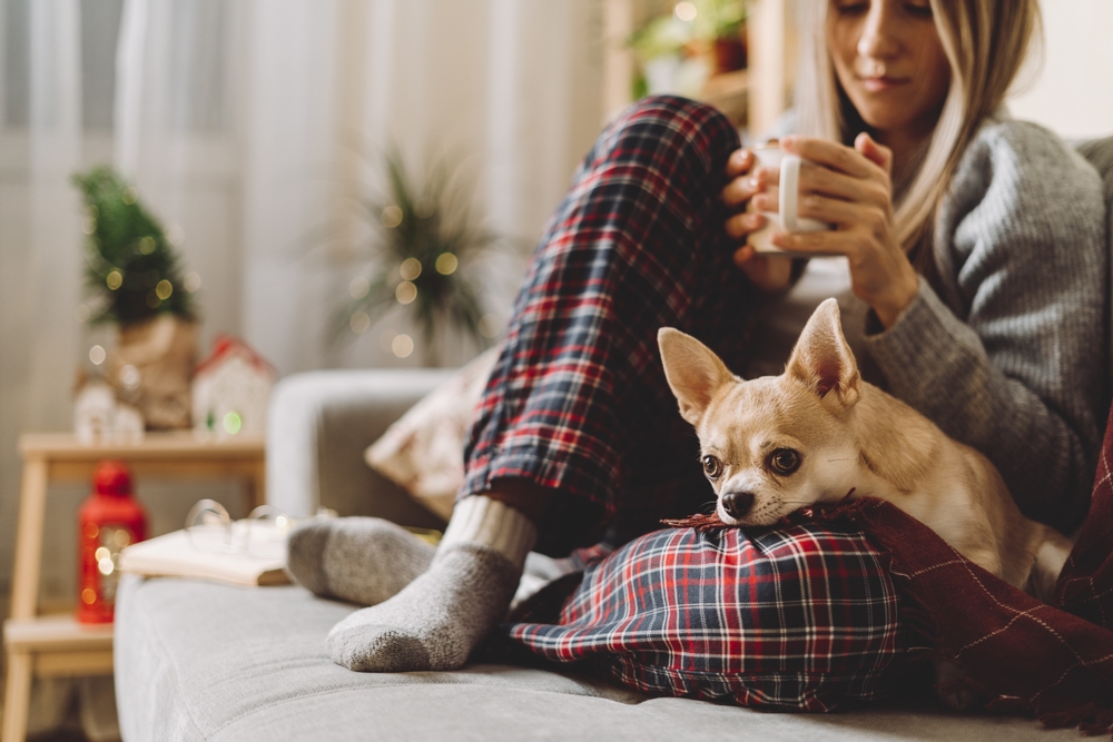 Woman relaxing at home with her dog